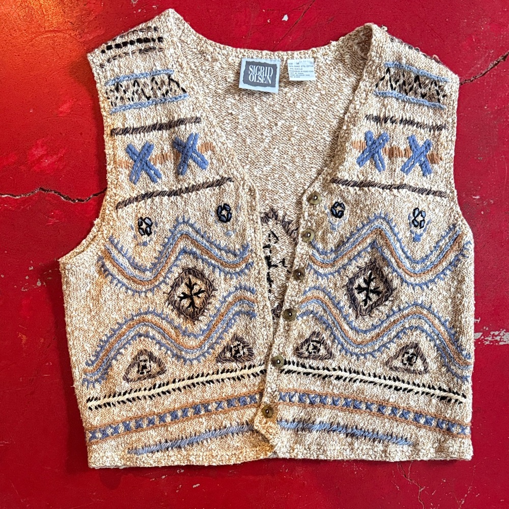 Sigrid Olsen Beige and Blue Patterned Sweater Vest